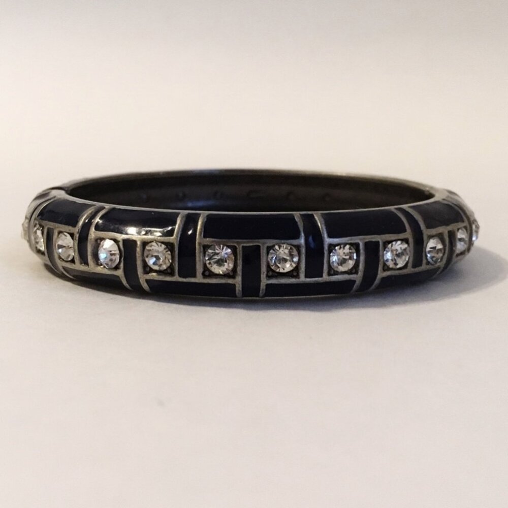 Vintage Bracelet Black Enamel Clear Rhinestone Silver Tone Metal Hinged Bangle
